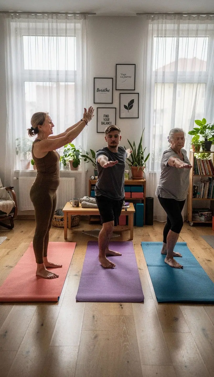 Instruktor demonstrujący techniki korekcji postawy, z naciskiem na bezpieczeństwo i efektywność praktyki jogi.