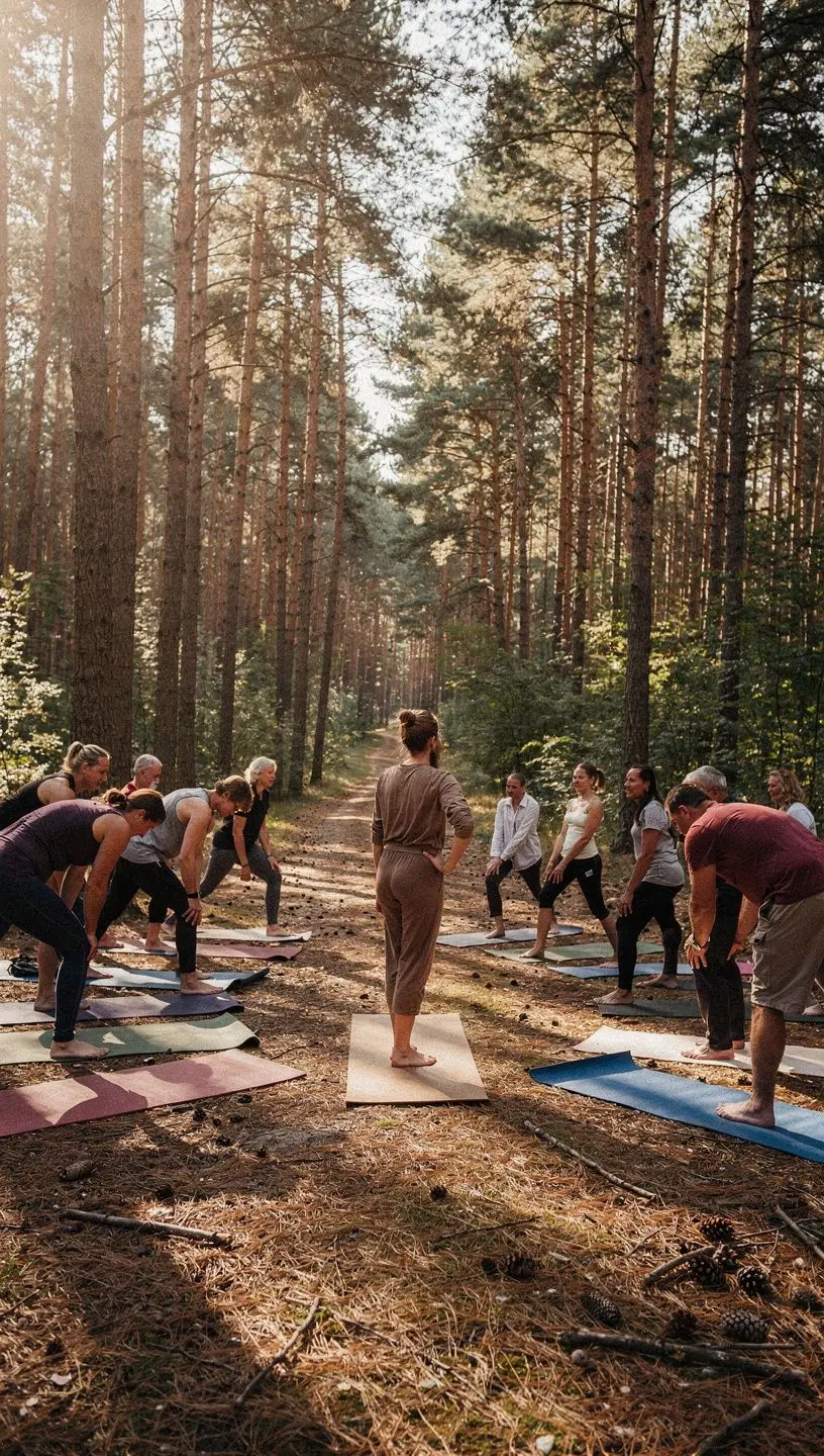 Instruktor jogi demonstrujący techniki korekcji postawy w grupie uczestników.