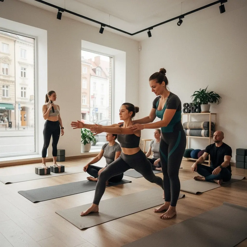 Zbliżenie na stopy osoby w asanie, podkreślające znaczenie prawidłowego wyrównania ciała.