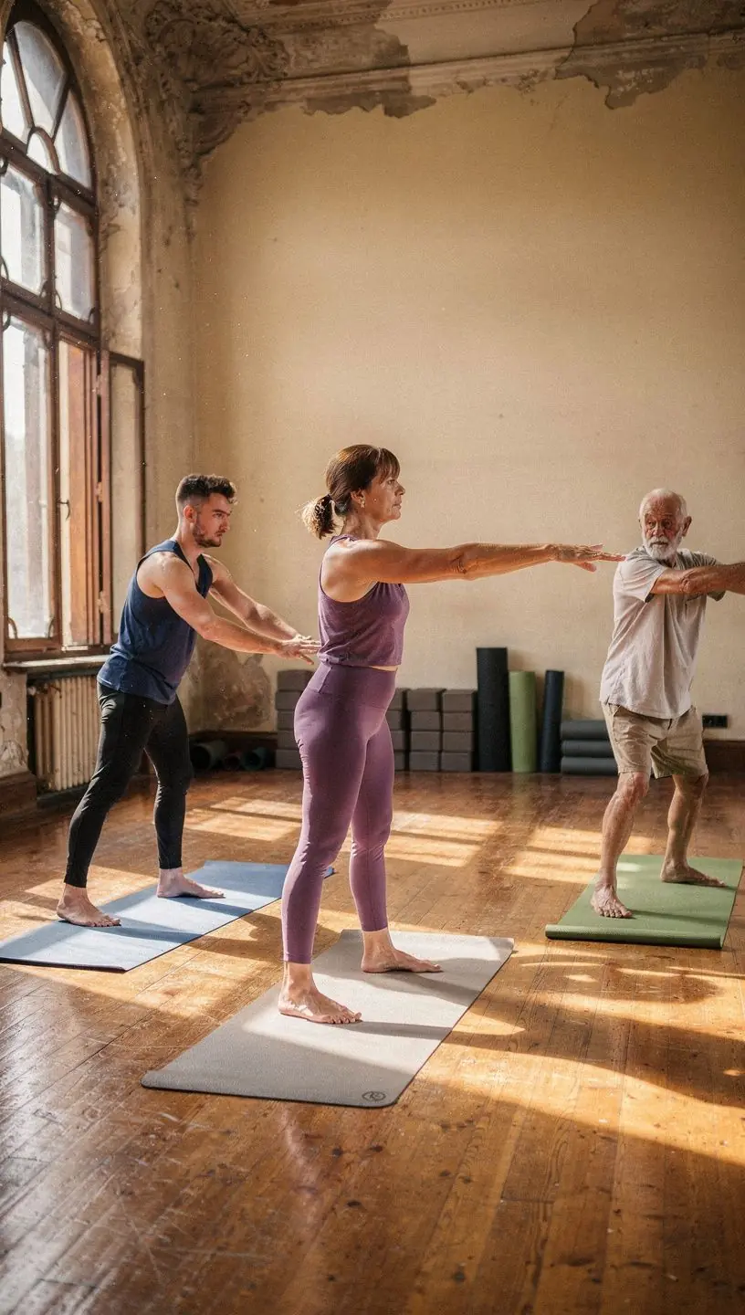 Grupa ludzi wykonujących ćwiczenia jogi w parkowej scenerii, świadcząca o harmonii z naturą.