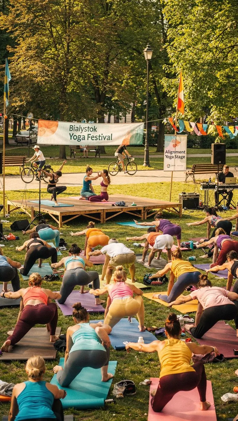 Instruktor jogi demonstrujący techniki korekcji postawy w grupie uczestników.