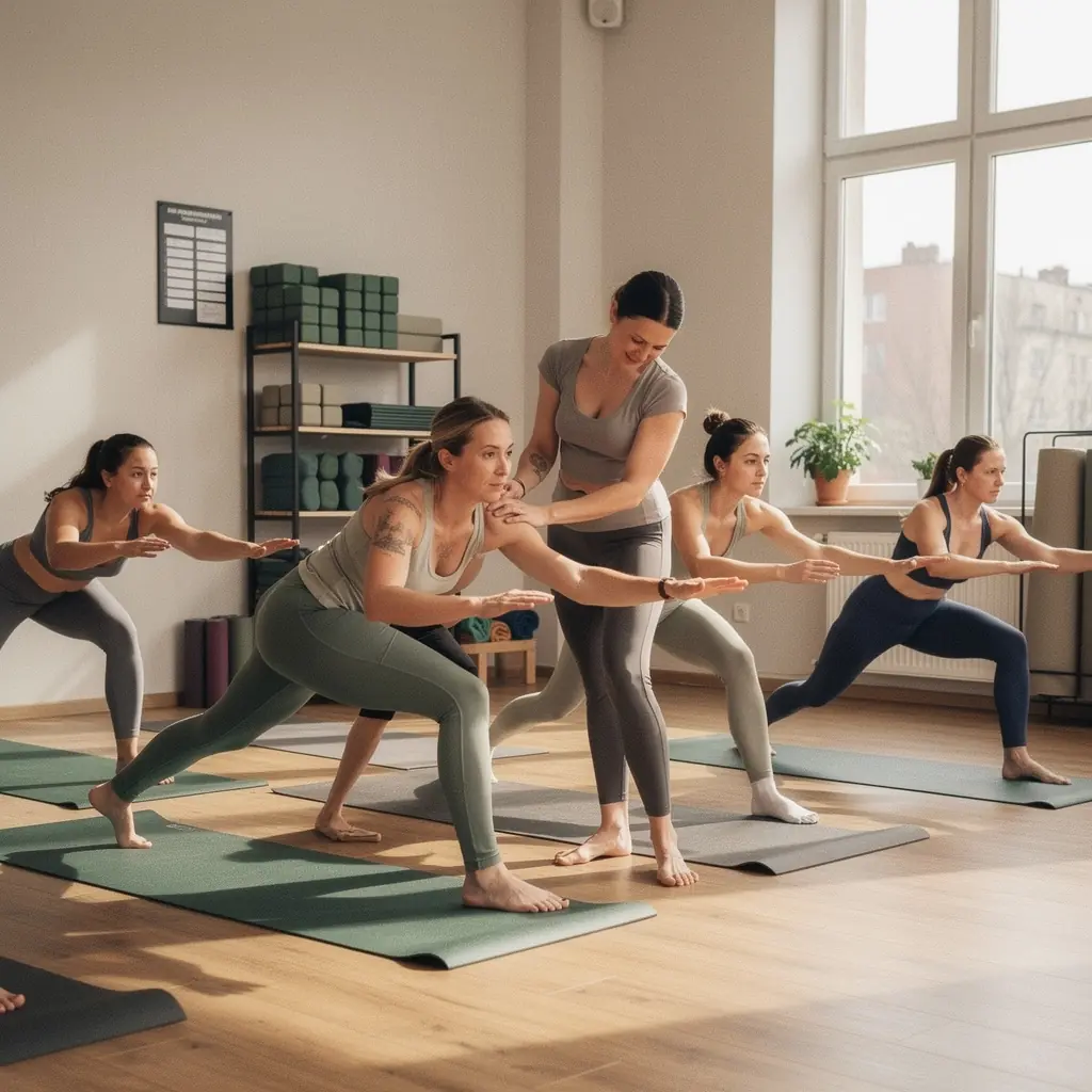 Instruktor jogi demonstrujący techniki korekcji postawy w grupie uczestników.