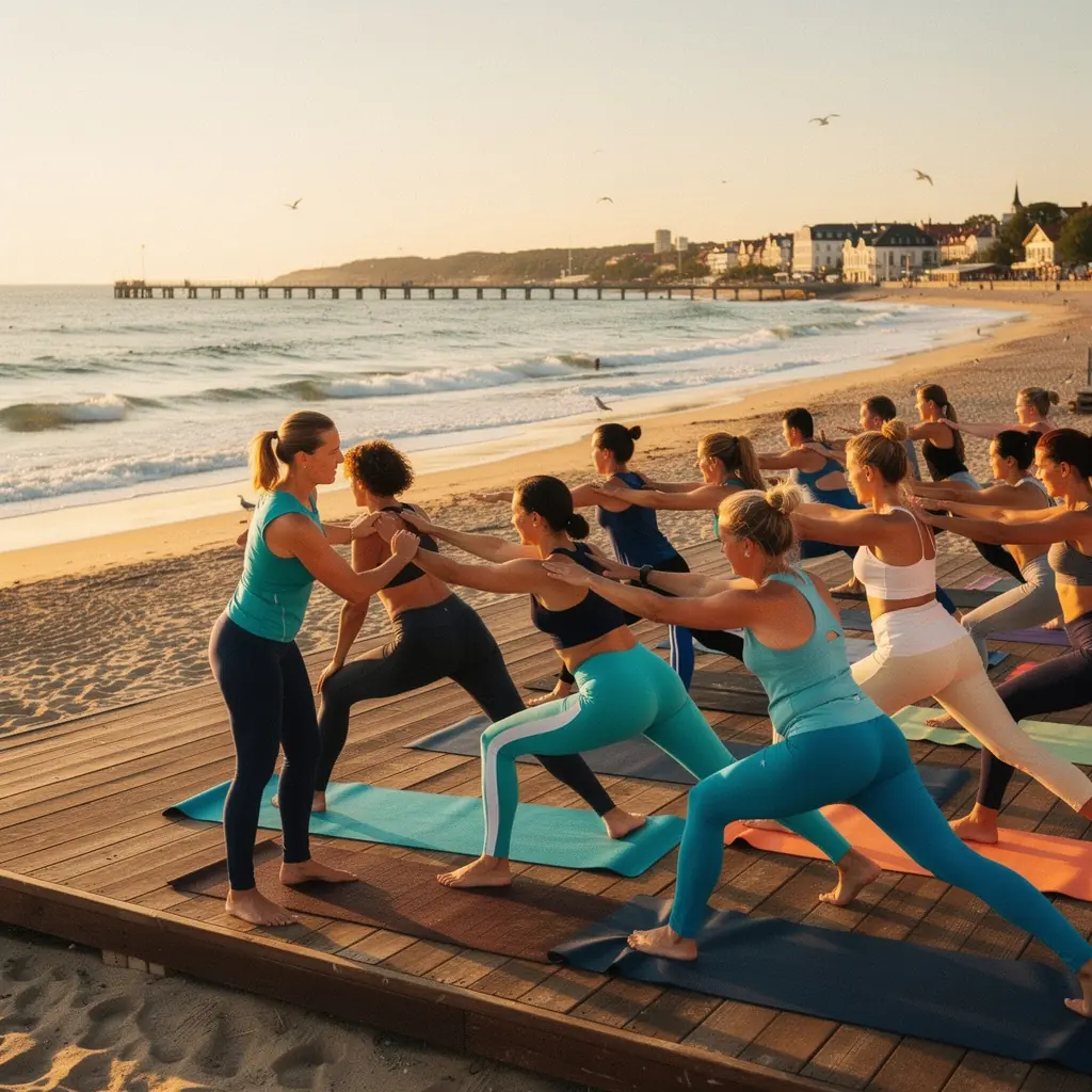 Instruktor jogi demonstrujący techniki korekcji postawy w grupie uczestników.