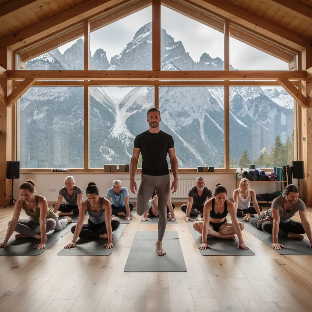 Instruktor jogi demonstrujący techniki korekcji postawy w grupie uczestników.